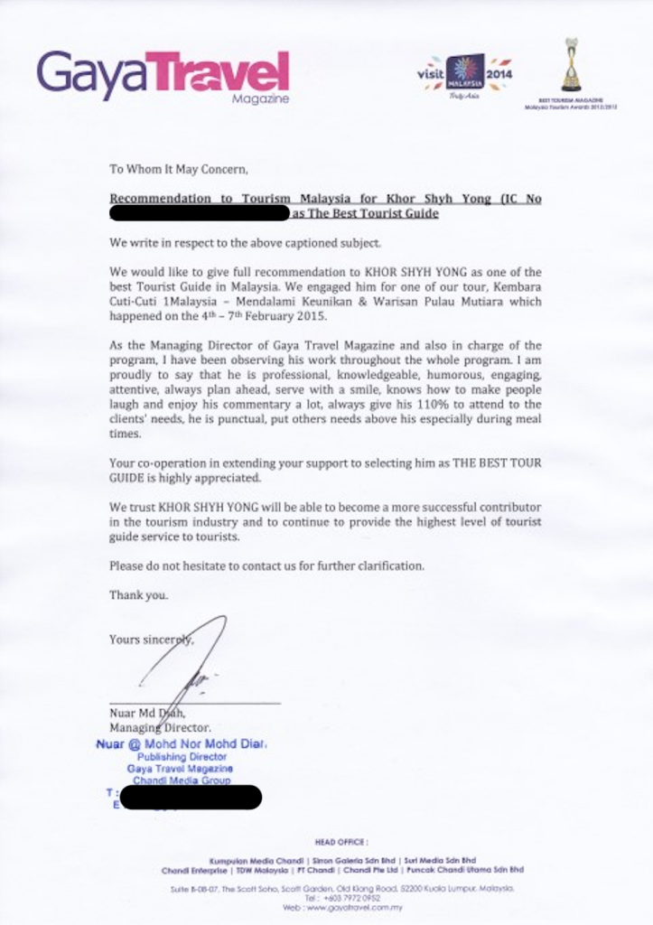 Recommendation Letter for Best Tour Guide Gaya Travel & Tour Company