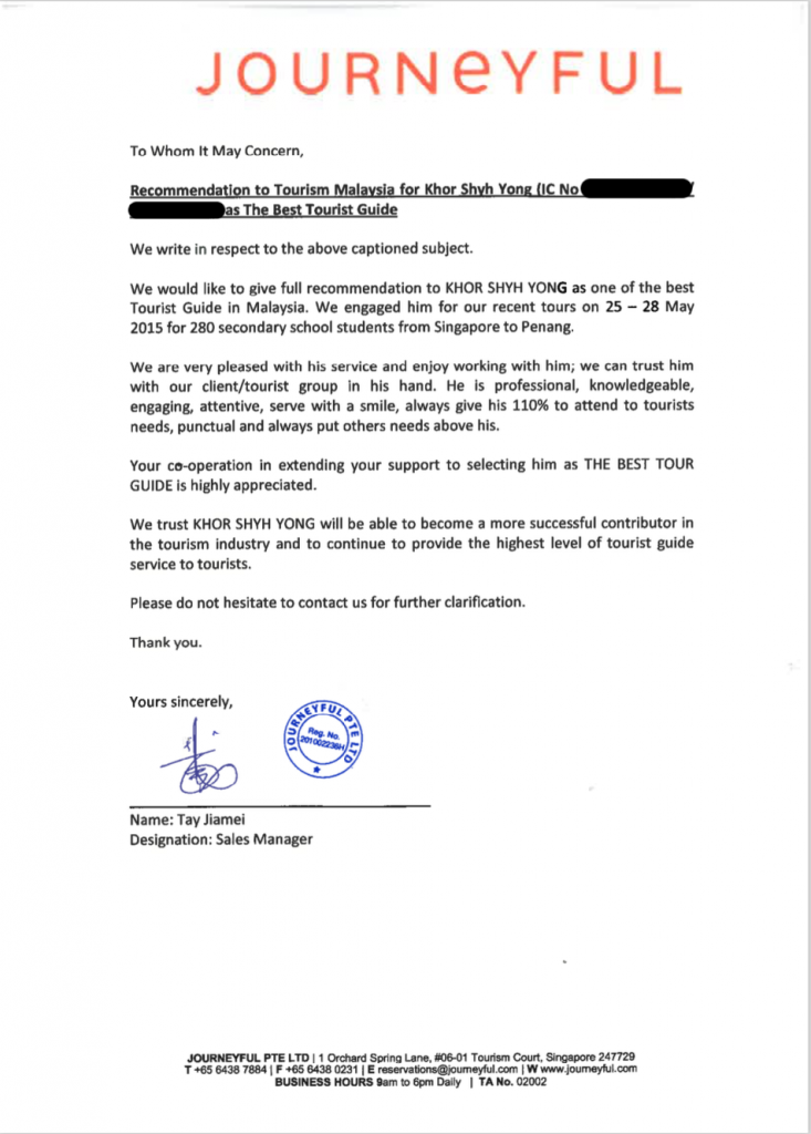 Recommendation Letter for Best Tour Guide Journeyful Travel & Tour Company